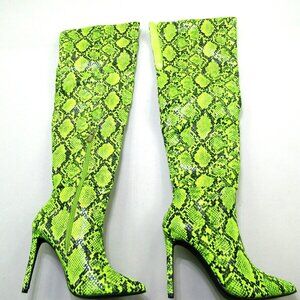 Iconic Neon Green Black Faux Snakeskin High Heel Thigh High Boots Womens 7